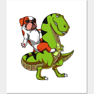 English Bulldog Riding T-Rex Dinosaur Posters and Art